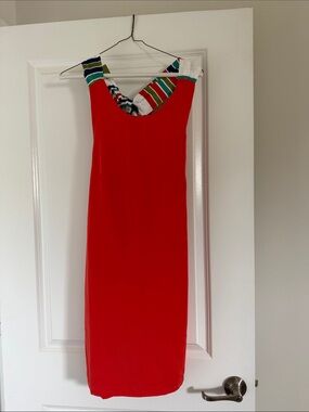 Lulu's Red Midi Sheath Dress with Multicolor Stripe Trim